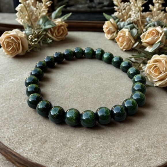Green Golden Glass Beaded Unisex Bracelet 8MM Stretchy Handmade Jewelry - Picture 3 of 9